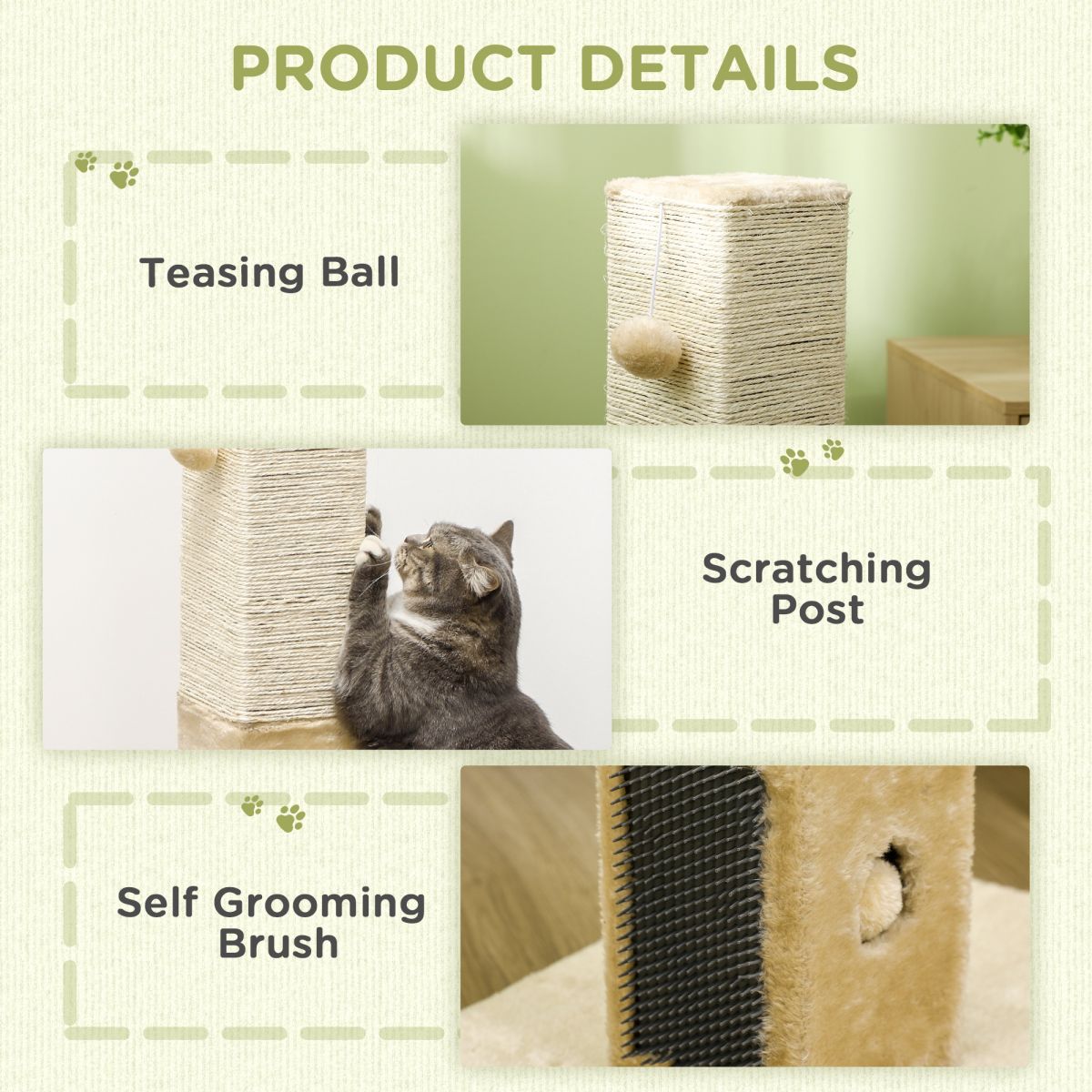 PawHut Cat Scratching Post Scratcher Climber w/ Carpet Base Hanging Toy - Beige