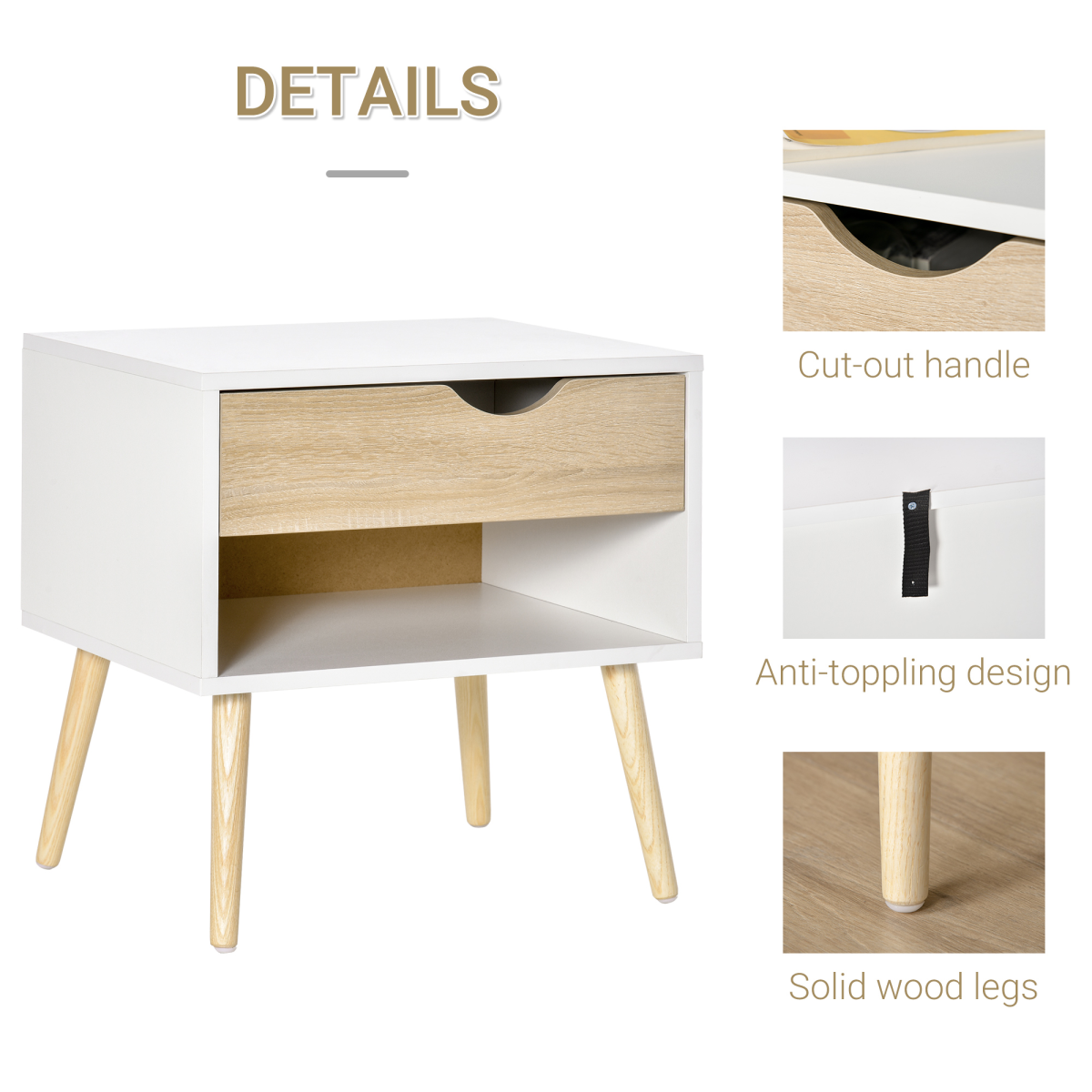 Bedside Table with Drawer and Shelf, Modern Nightstand, End Table