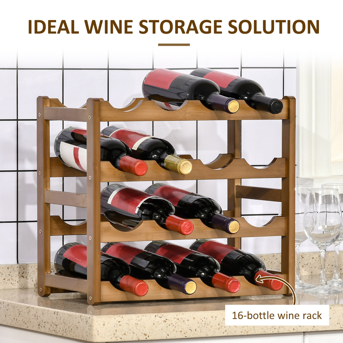 Bamboo Wine Rack 16 Bottles, 4-tier Display Storage Shelves for Countertop