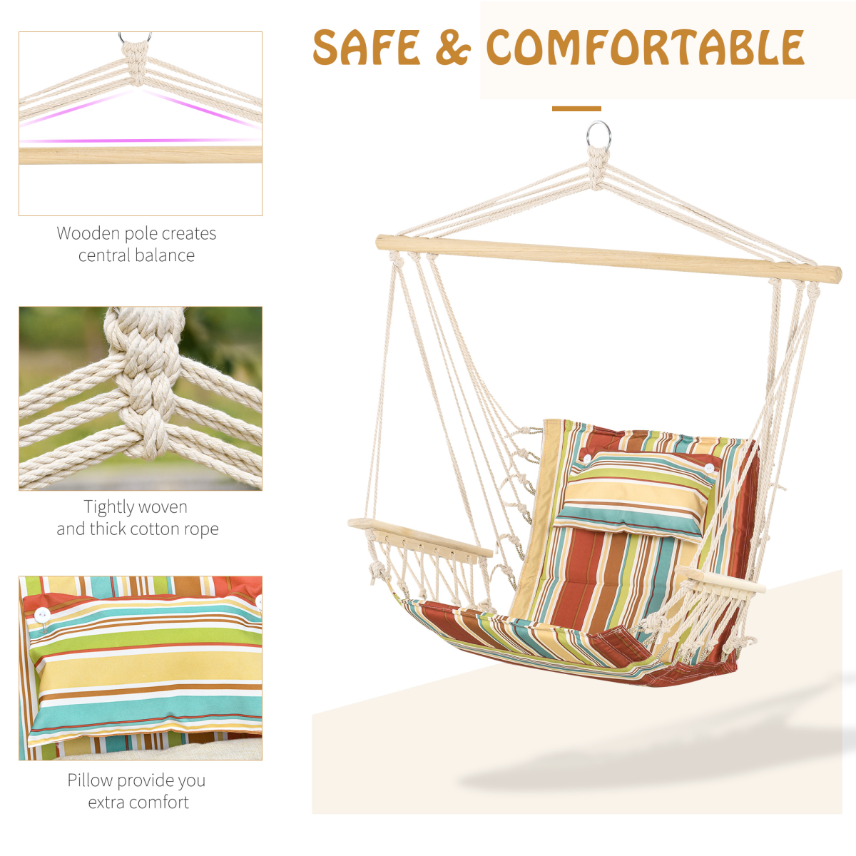 Hanging Hammock Chair Swing Thick Rope Frame Safe Wide Seat