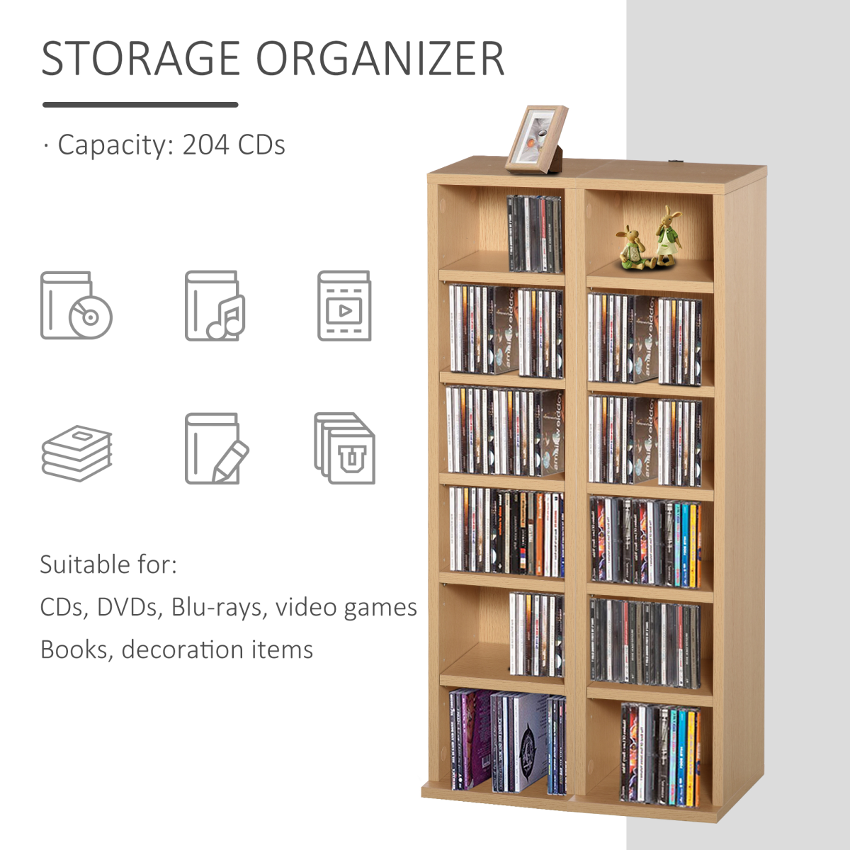 Set of 2 CD Media Display Shelf Unit Tower Rack w/ Adjustable Shelves Wood Color