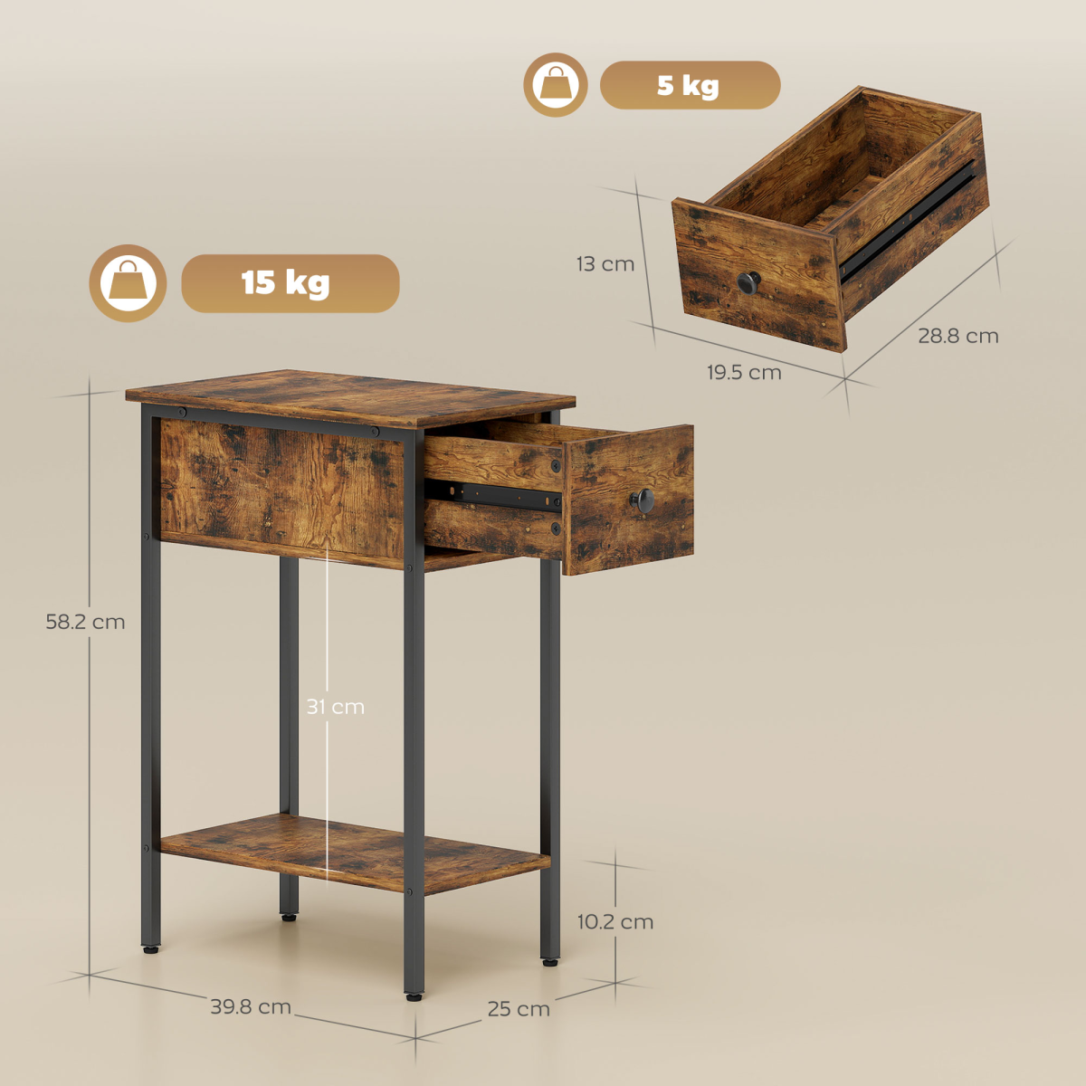 HOMCOM Industrial Slim End Table Nightstand for Small Spaces Rustic Brown