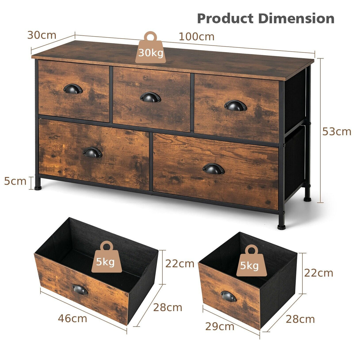 5-Drawer Multifunction Dresser with Foldable Drawers and Wooden Top-Rustic Brown