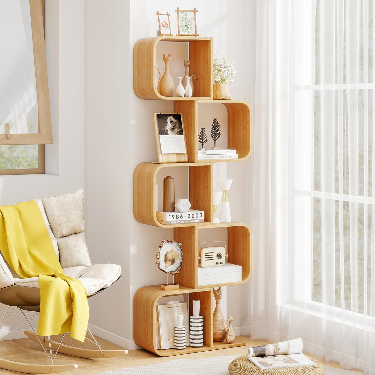 S-Shaped Bookcase Bamboo Bookshelf with 2 Open Cubes-4-Tier