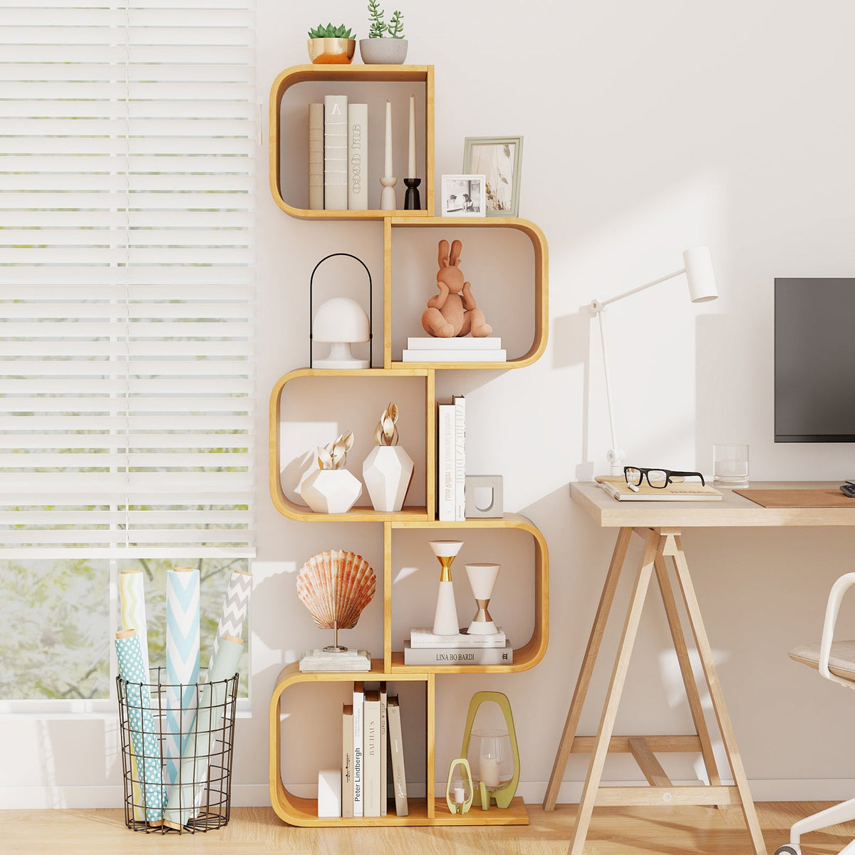 S-Shaped Bookcase Bamboo Bookshelf with 2 Open Cubes-4-Tier