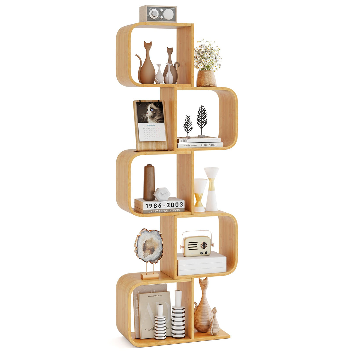 S-Shaped Bookcase Bamboo Bookshelf with 2 Open Cubes-4-Tier