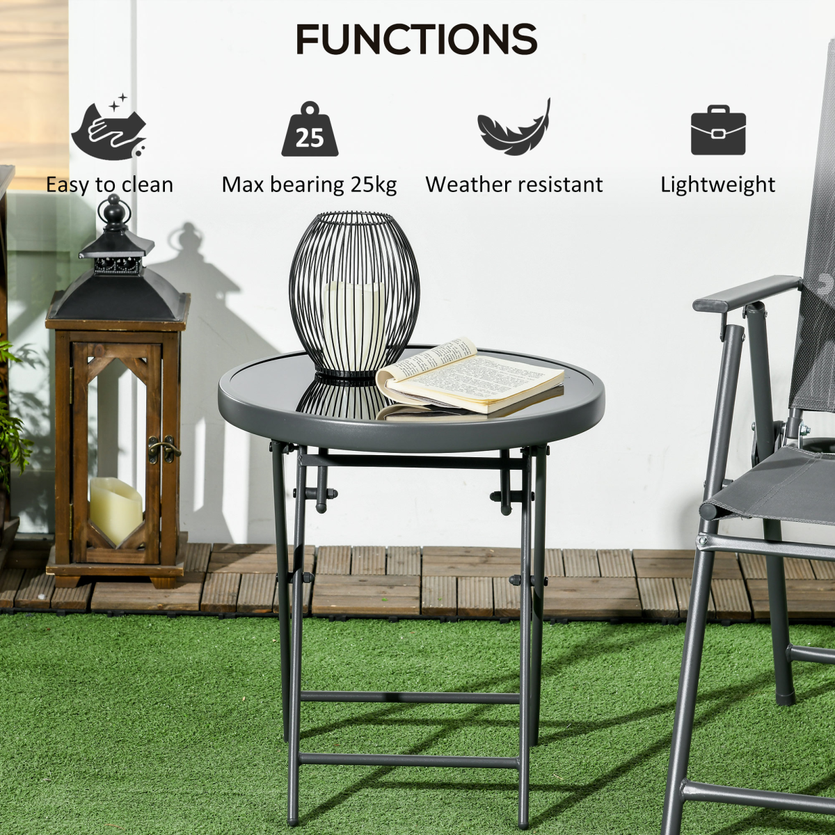 Outsunny Round Folding Side Table w/ Imitation Marble Glass Top, Black