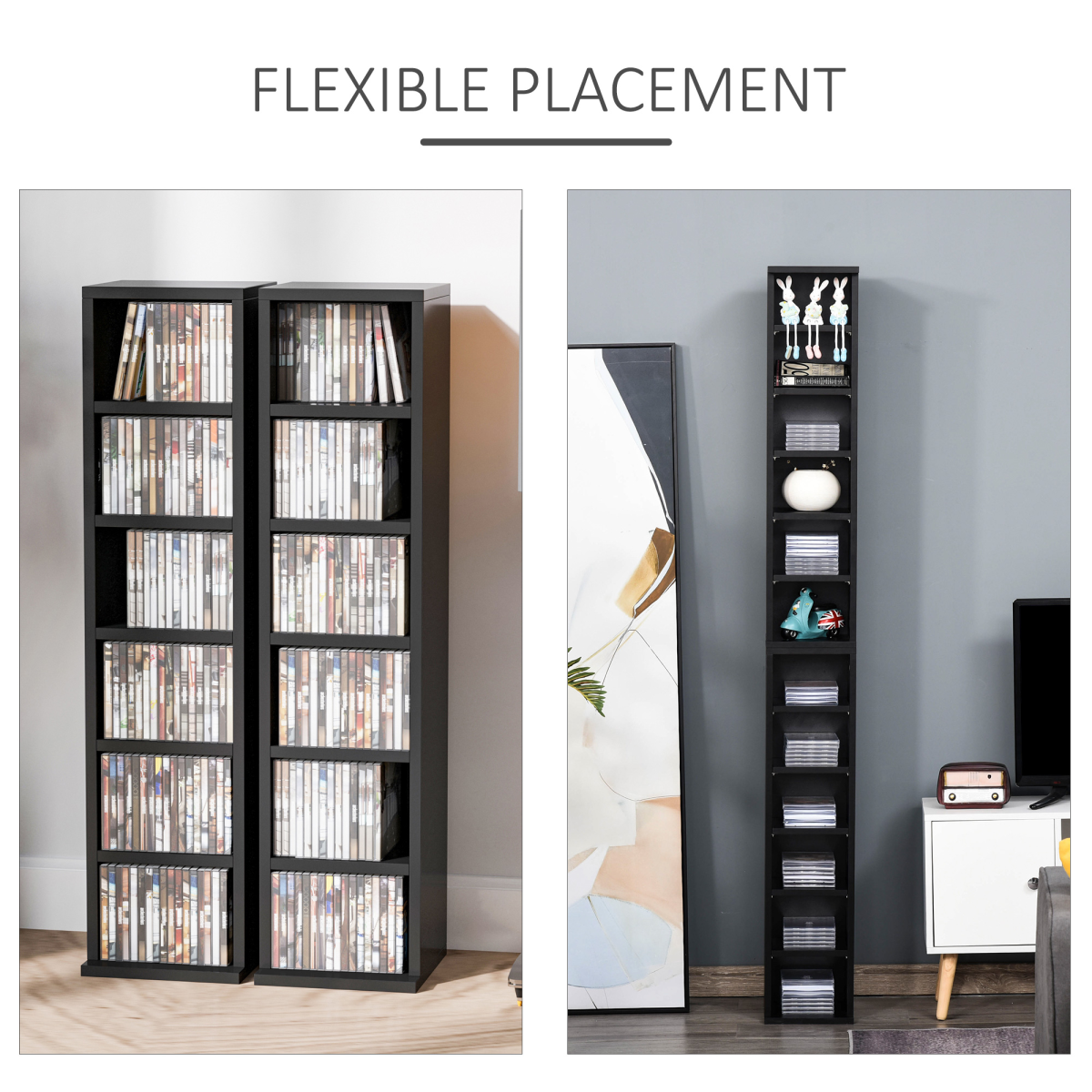 Set of 2 CD Media Display Shelf Unit Tower Rack Adjustable, Black