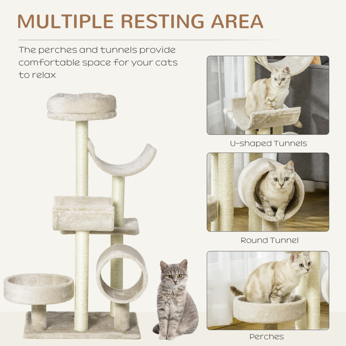 Multi-Level Large Cat Tree Scratching Post Perch Play Center Tunnel Beige