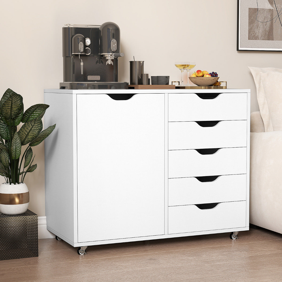 5-Drawer Chest with Door and Adjustable Shelf-Black