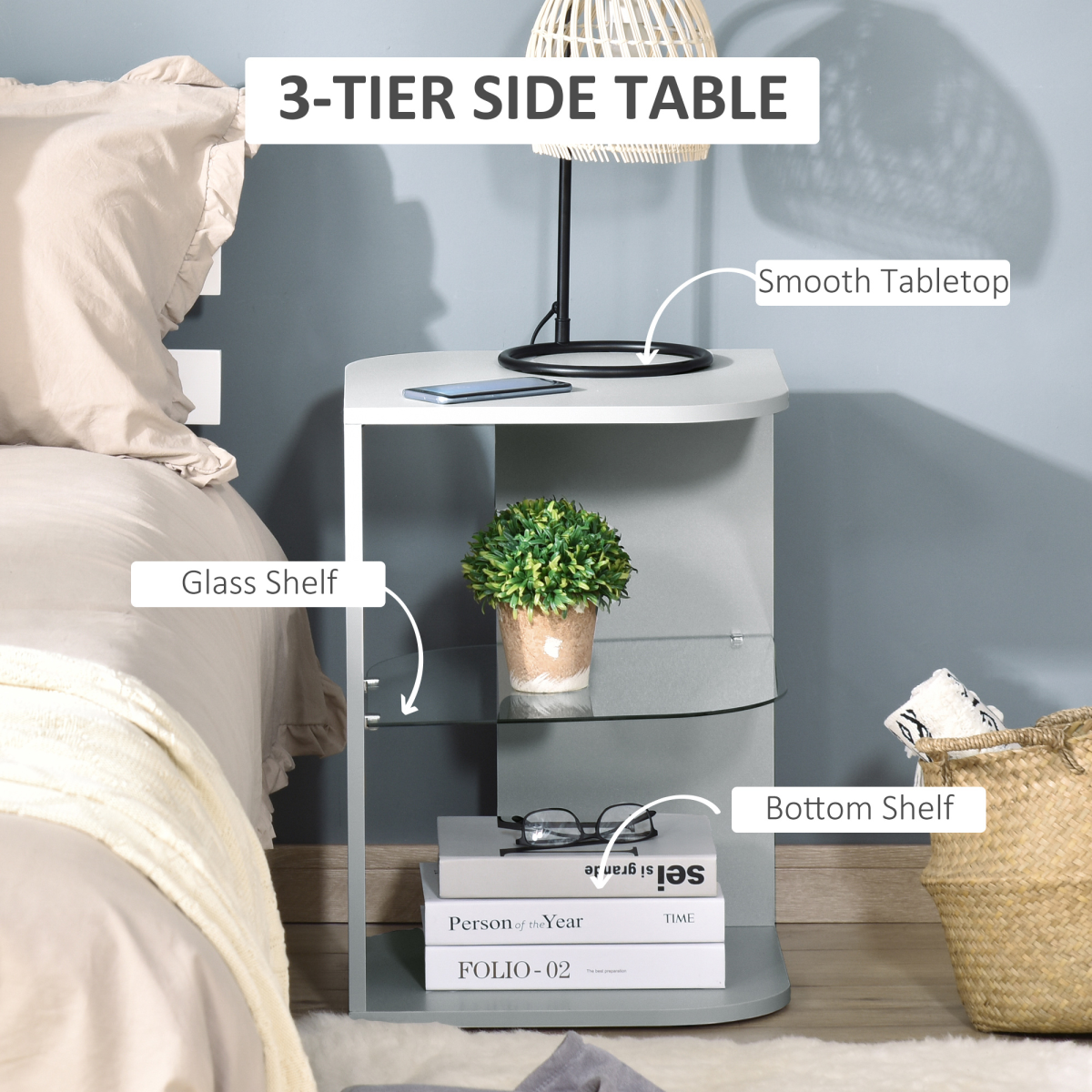 HOMCOM Modern Side Table Three Layer Bedside Table w/ Storage Shelves, Grey