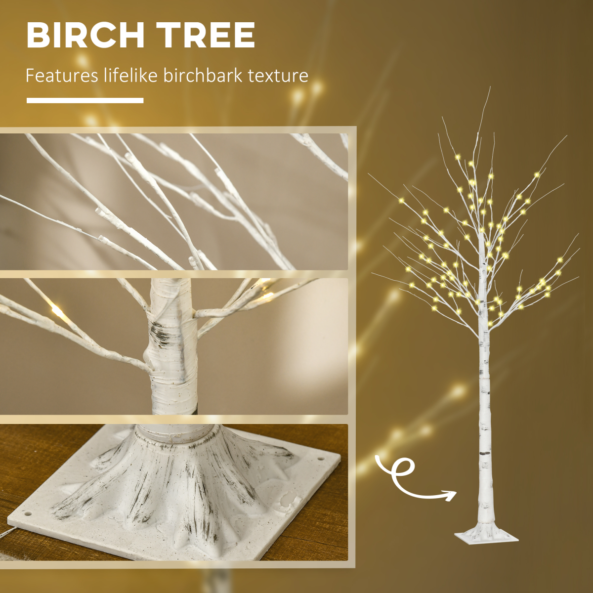 6ft Artificial White Birch Tree Light  96 Warm White Pre-Lit LED Light HOMCOM