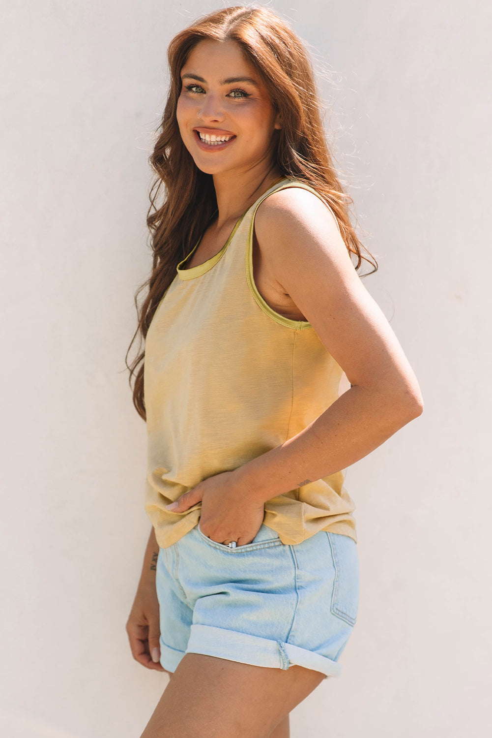 Peacock Blue Metallic Sheen Edge Scoop Neck Tank Top