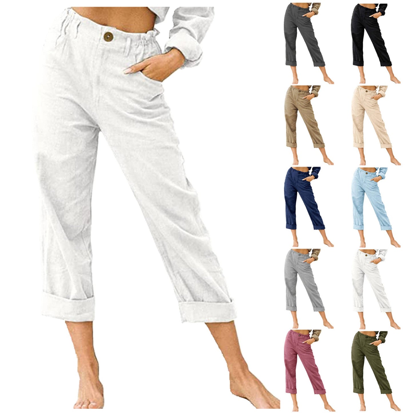 Women's Cotton Linen Patchwork Trousers | High Waist Drawstring | Loose Casual Pants | 11 Colours | S–3XL