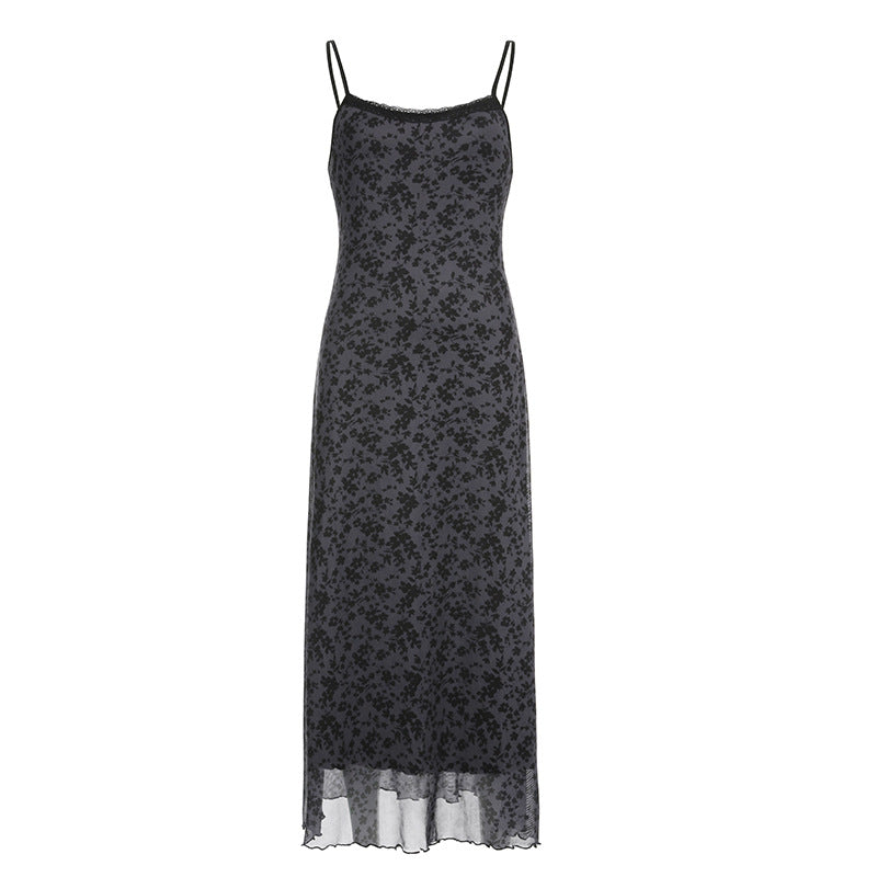 Dark Black Retro Floral Mesh Patchwork Dress