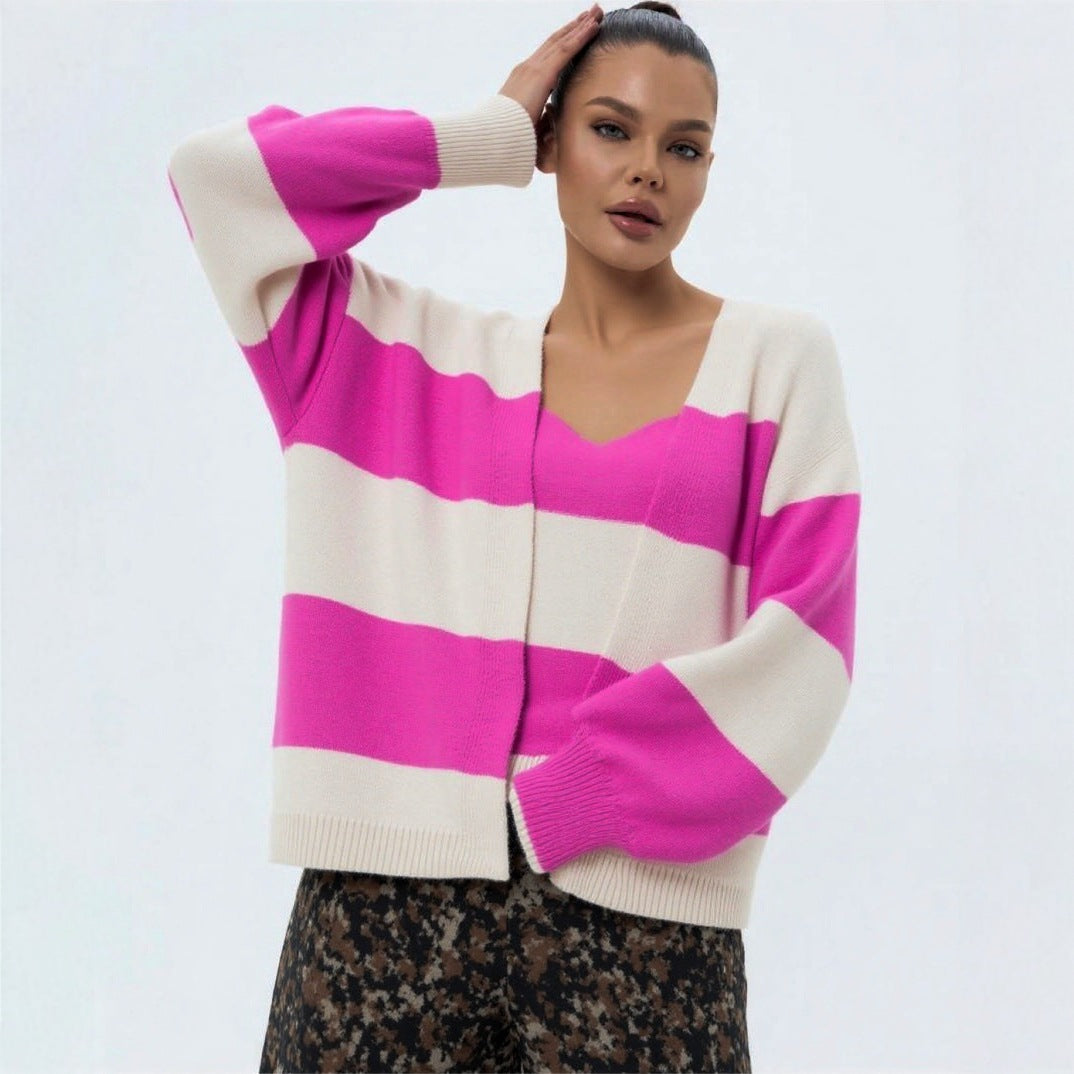 European And American Style Contrast Color Striped Cardigan Women's Loose Long Sleeve Sweater Coat