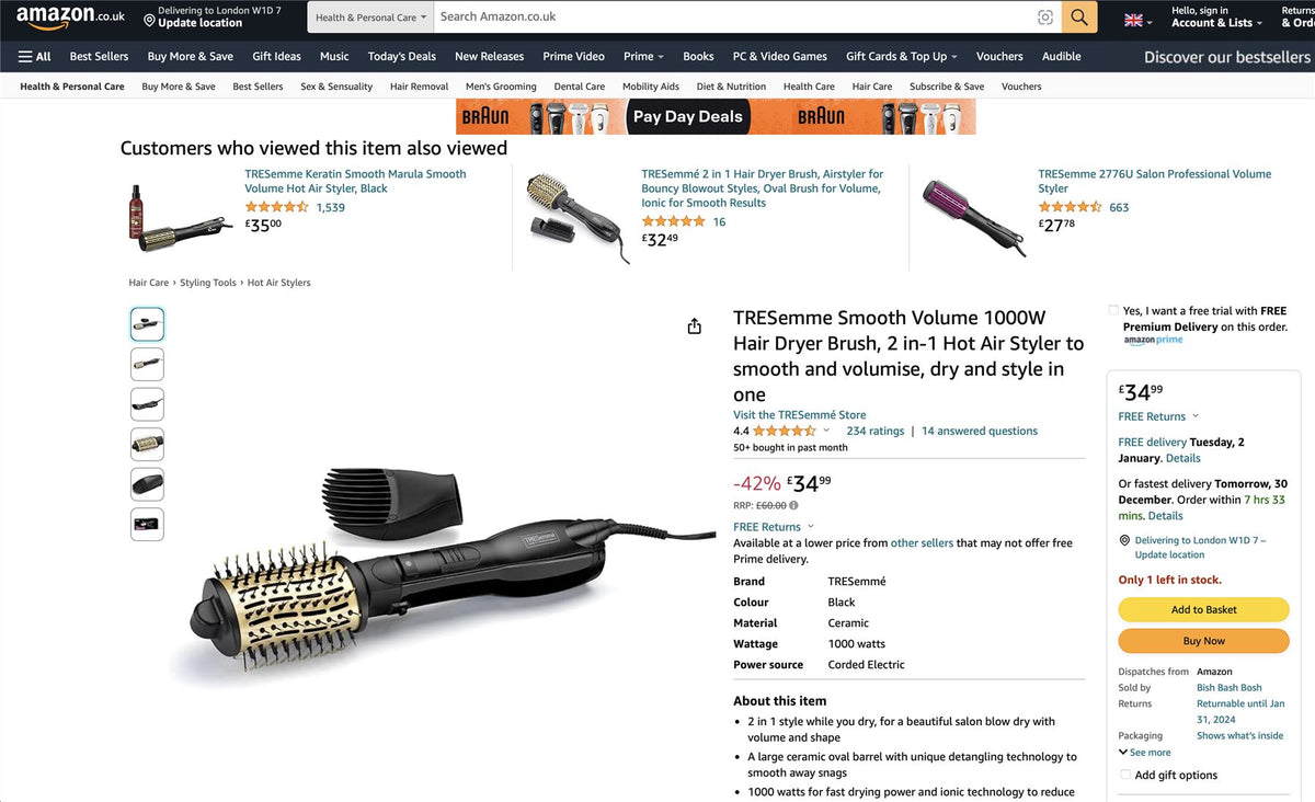 TRESemme Smooth Volume 1000w 2 in-1 Hair Dryer Brush