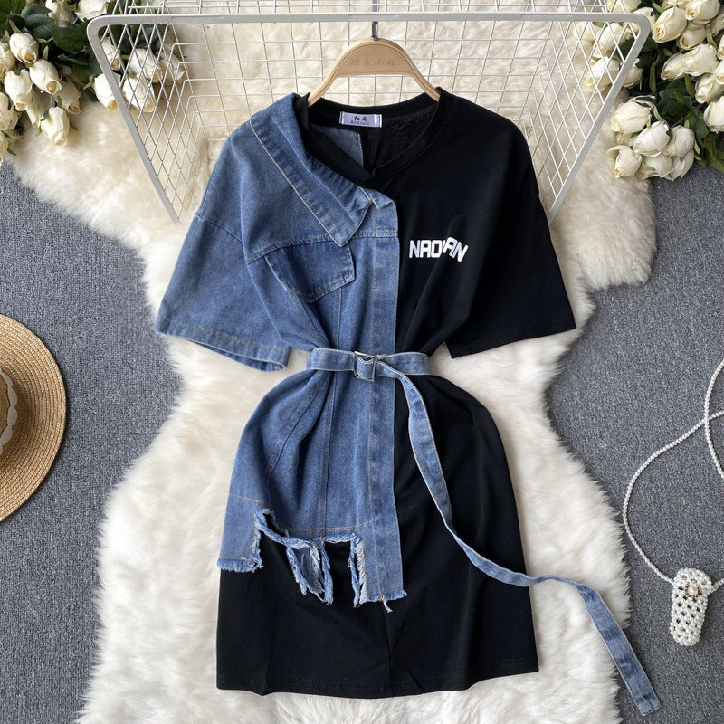 Round Neck Denim Patchwork Dress