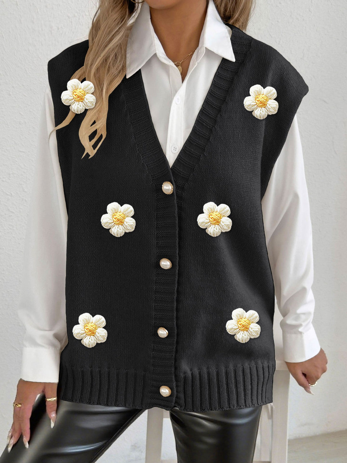 Women's Pearl Button Cardigan Crocheted Stitching Sweater Vest