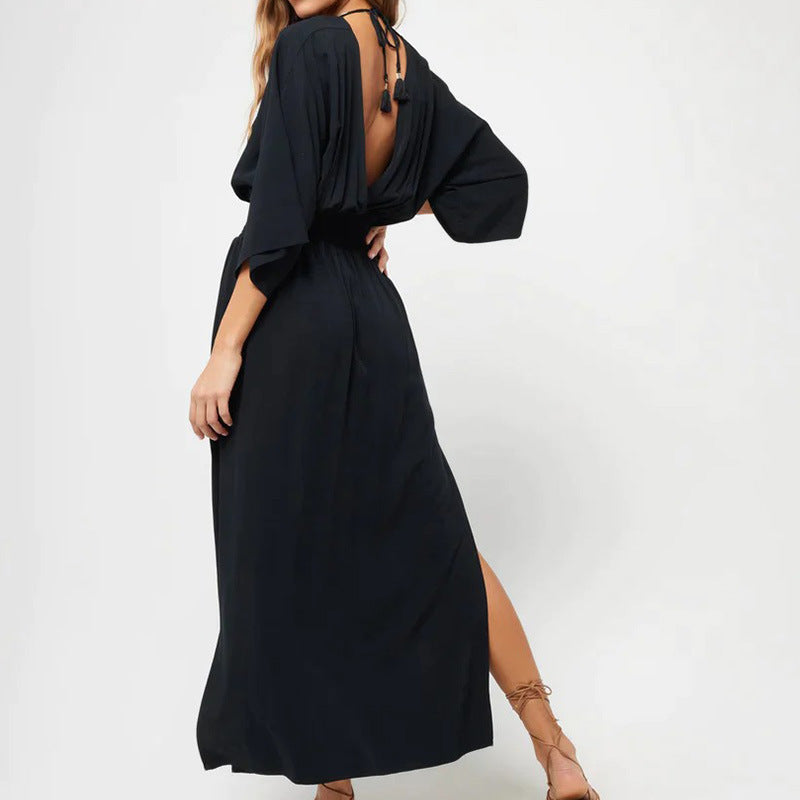 V-neck Low-cut Backless 34 Sleeve Dress