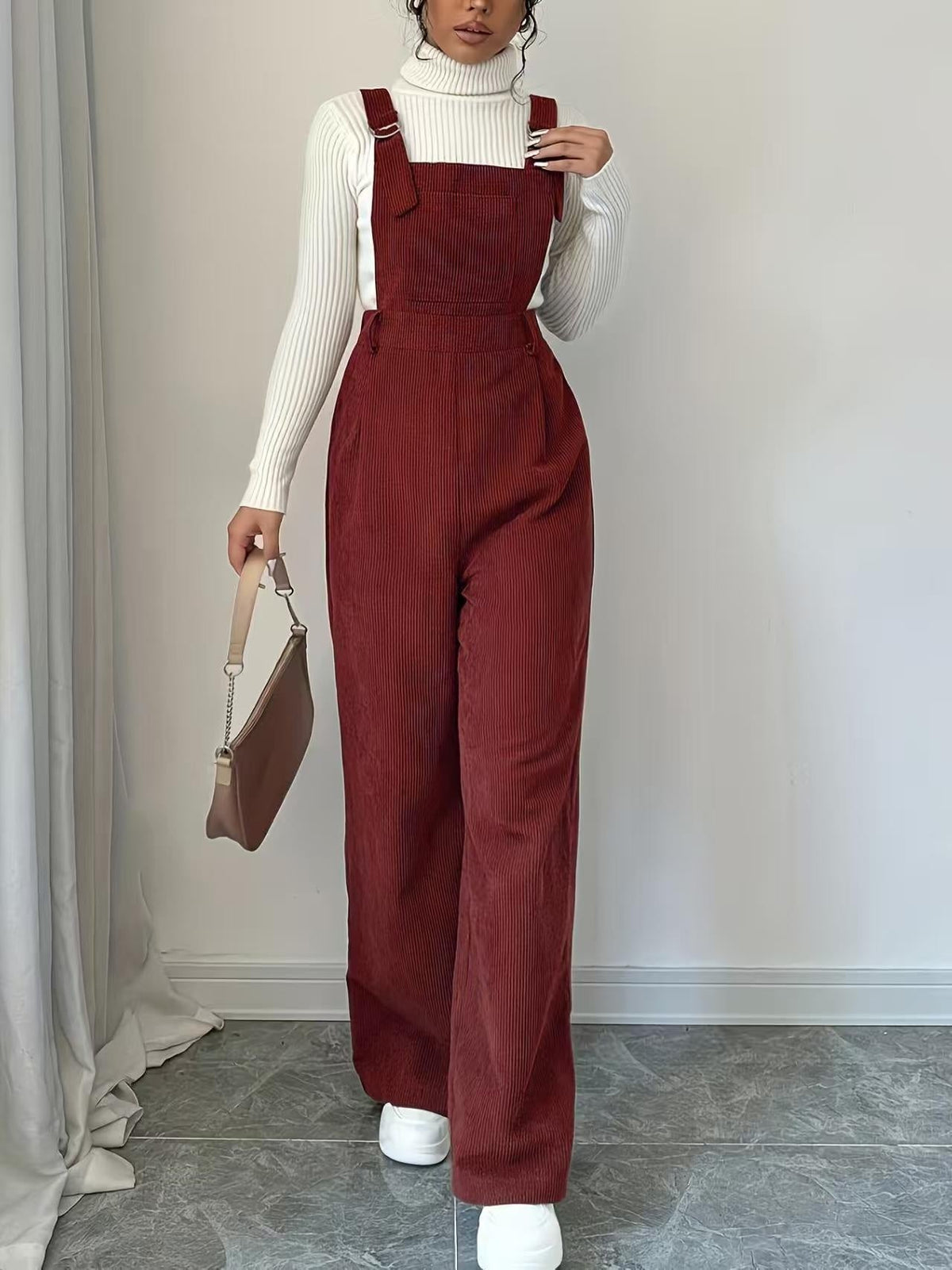 Corduroy Loose Straight Bib Pants Women