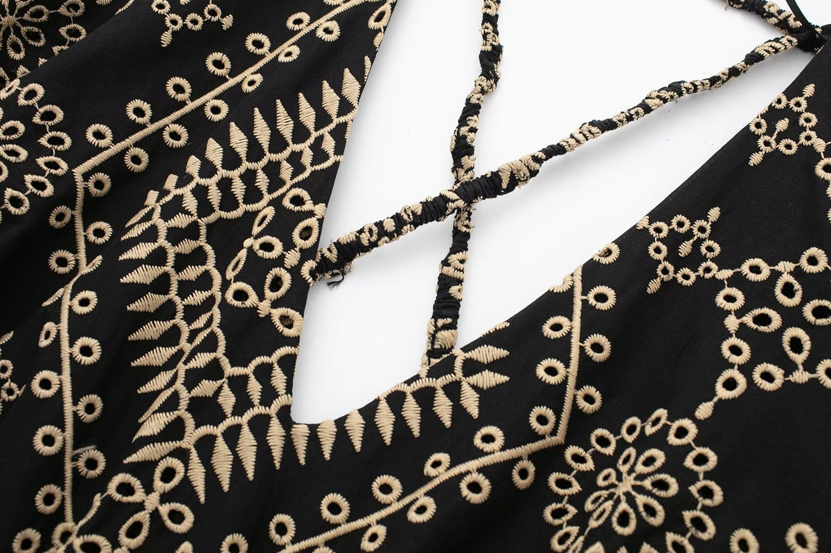 V-neck 34 Sleeves Backless Design Midi Dress