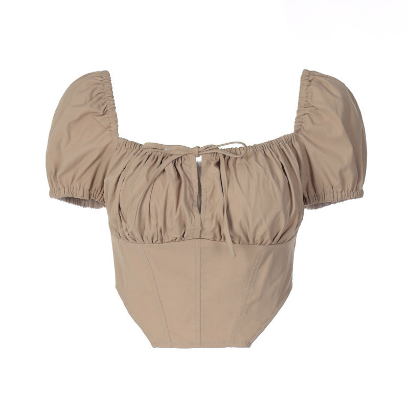 Patchwork Top Backless Zipper Pleated Short Sleeves