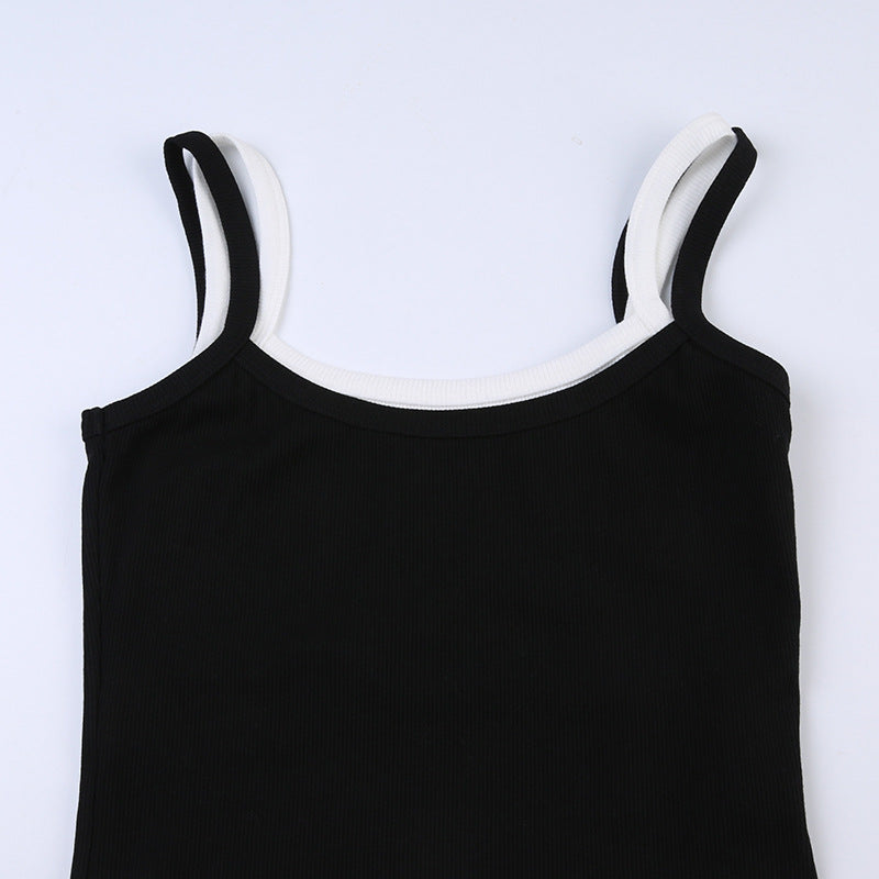 Black And White Color Contrast Patchwork Slim Strap Top