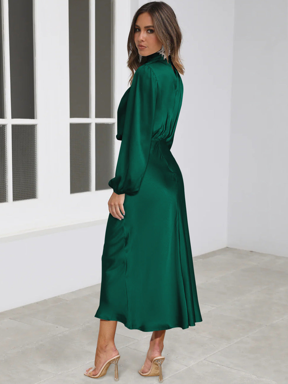 Elegant Temperament Long-sleeved Dress Satin Halterneck Formal Evening Dresses Women Clothing