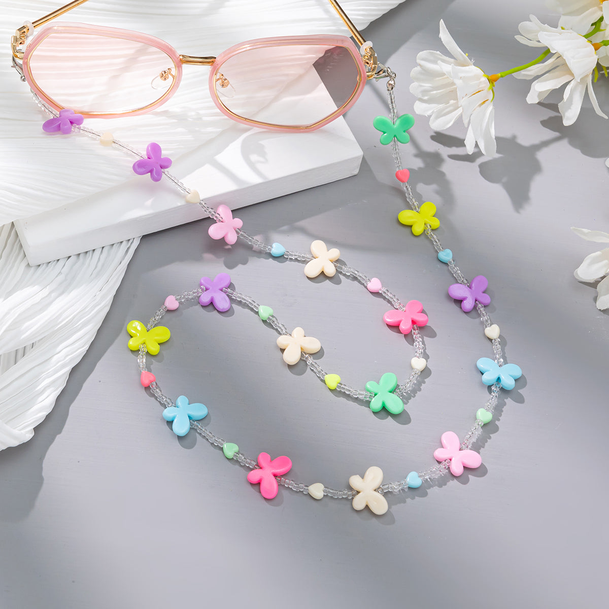 Candy-colored Acrylic Pearl Eye Pendant Chain, Butterfly Five-pointed Star Heart Neck Pendant Glasses Chain