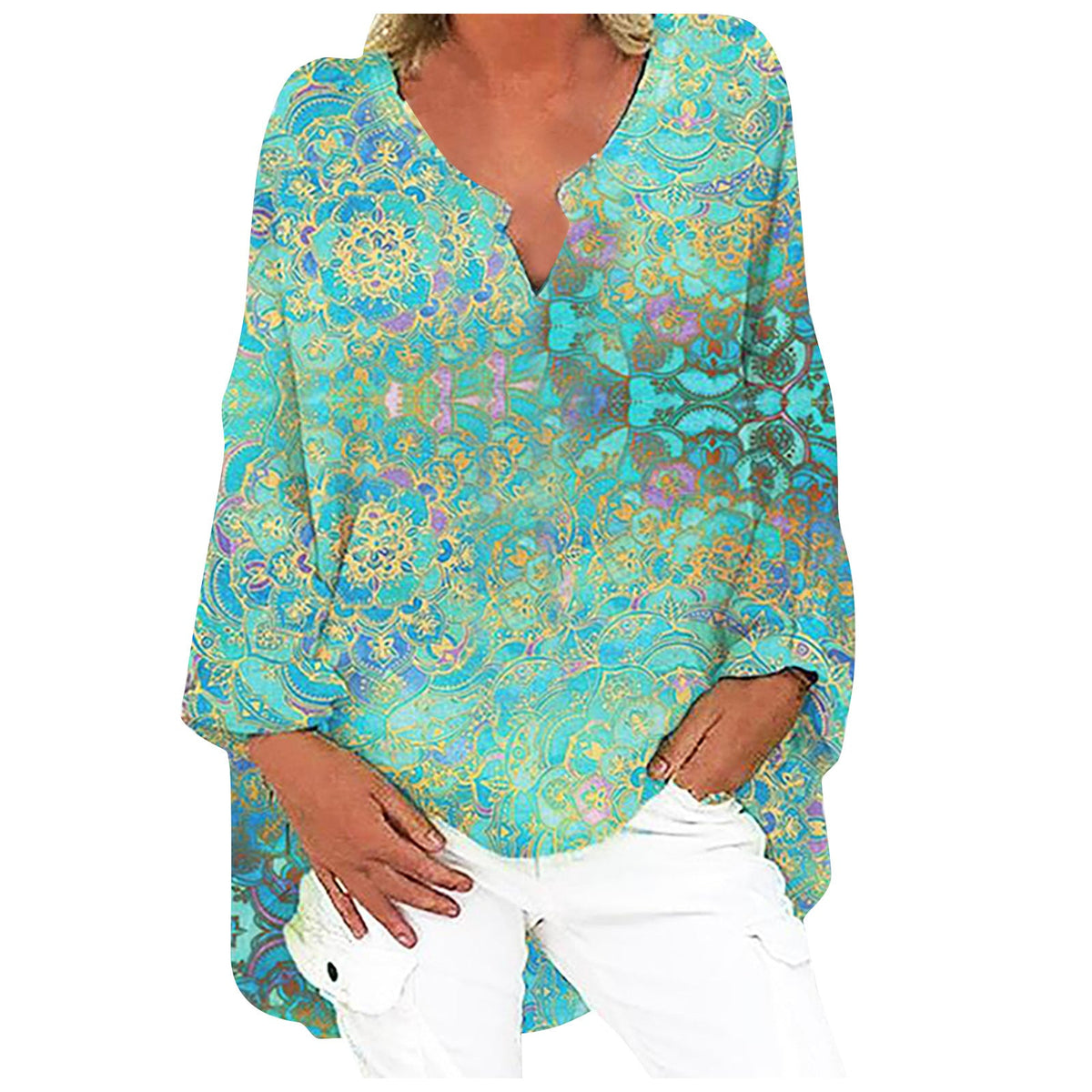 Printed Patchwork V-neck Long Sleeve Plus Size Dress