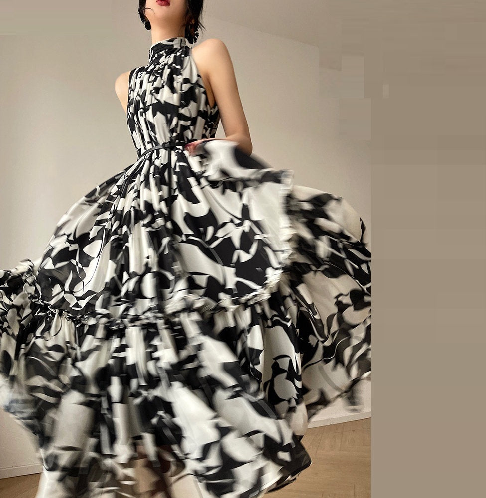 Summer French Haute Couture Black Floral Halter Neck Dress