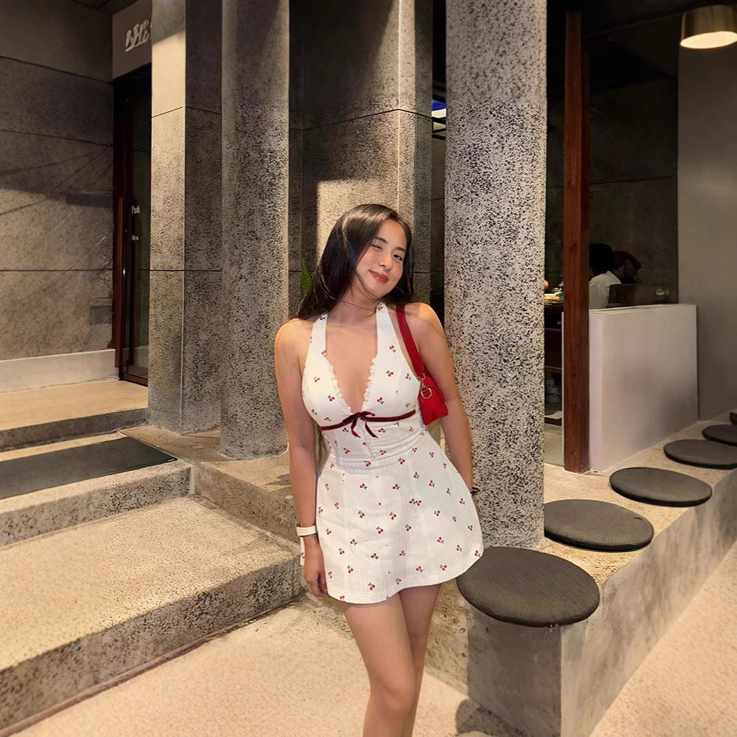 Backless Cherry Waist-tight Halter Dress Women