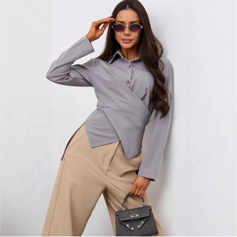 Women's Designer-style Shirt With A Turn-down Collar Slanted Front Placket And A Fitted Waist