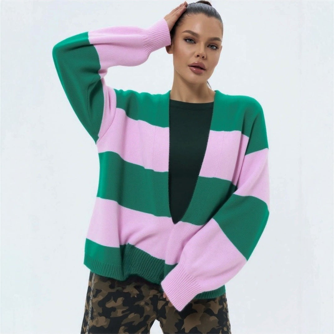 European And American Style Contrast Color Striped Cardigan Women's Loose Long Sleeve Sweater Coat