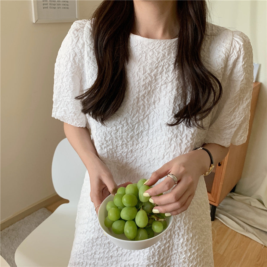 Summer Lantern Sleeve Backless Chain Design Solid Color Dress Women