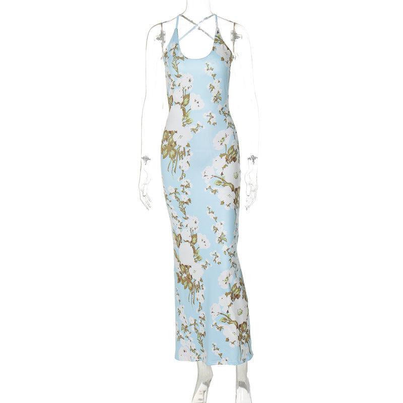 Fashion Printed Sexy Backless U-neck Slim Strap Dress