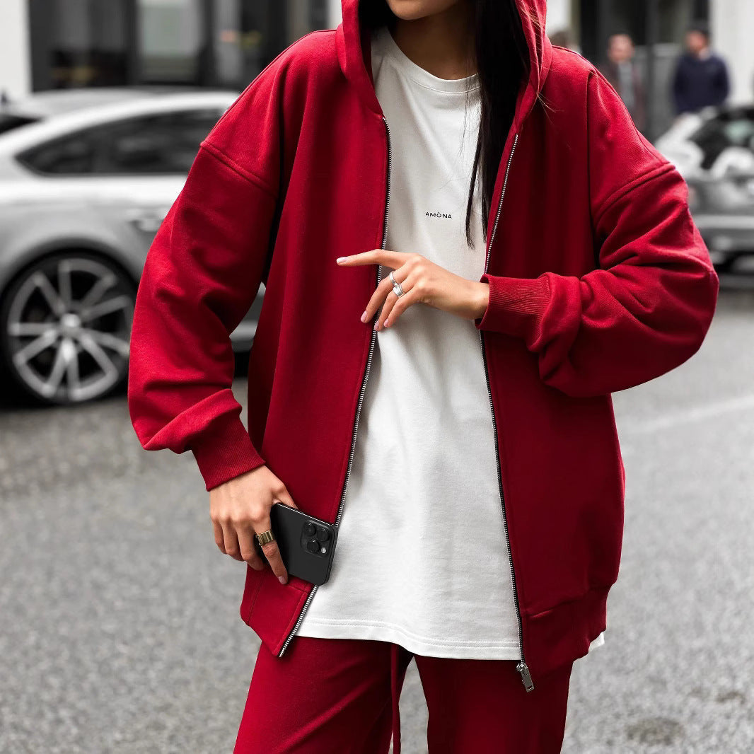 Street Style Long-sleeved Coat And Trousers Two-piece Set