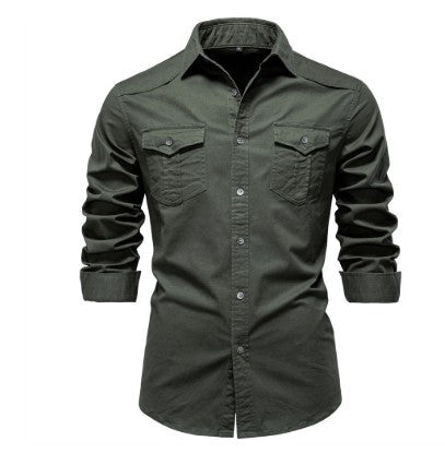 Men's Long-sleeved Denim Shirt Casual Solid Button Slim Tops Clothing