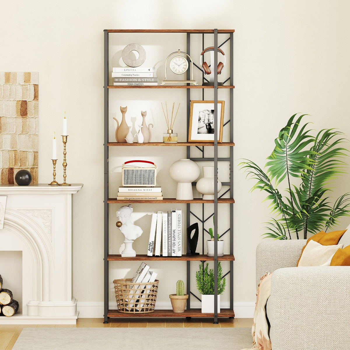 6-Tier Modern Geometric Bookcase with Heavy-duty Metal Frame for Study-White