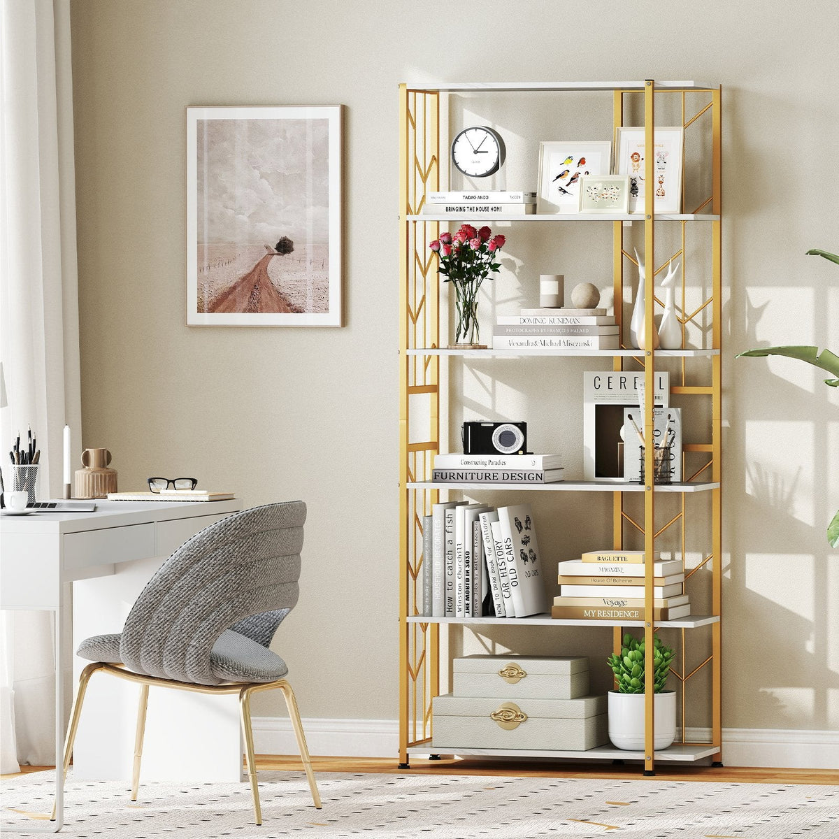 6-Tier Modern Geometric Bookcase with Heavy-duty Metal Frame for Study-White