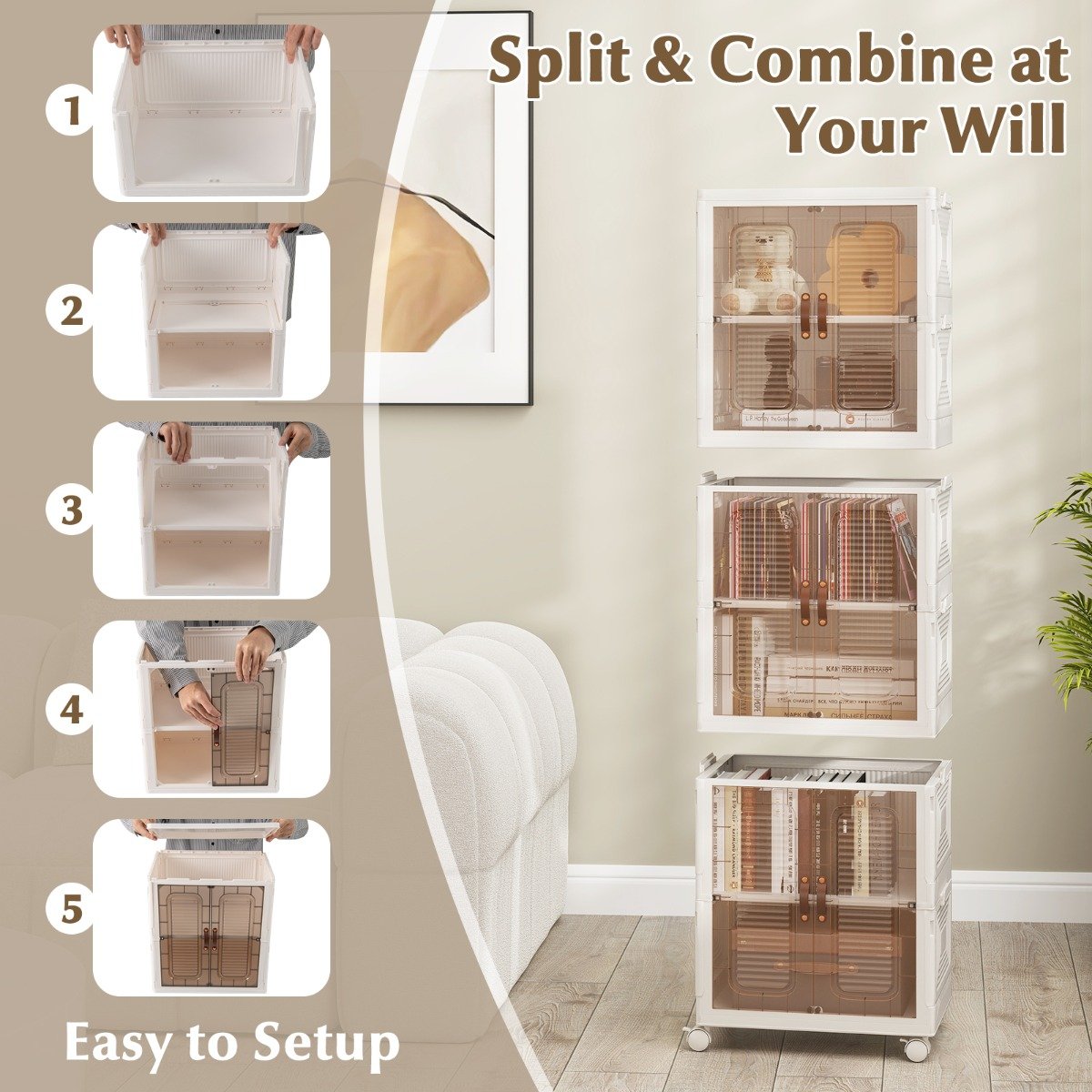 6-Cube Stackable Storage Bins with Lockable Wheels for for Kitchen Living Room Bedroom-White