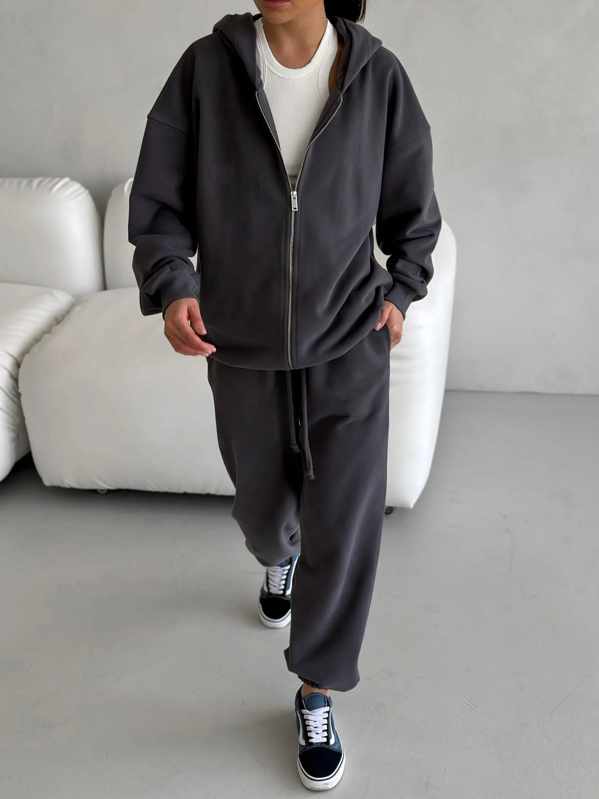 Street Style Long-sleeved Coat And Trousers Two-piece Set