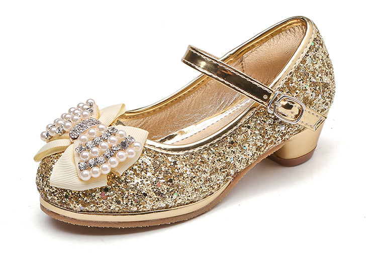 Children's bow high heel crystal shoes