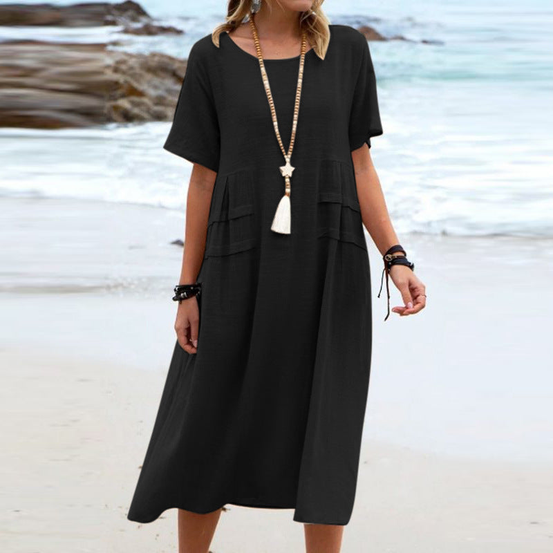 Women's Summer Loose Casual Midi Dress Breathable Cotton Linen Short-sleeve Mid-length Dresses Women Simple Beach Dress