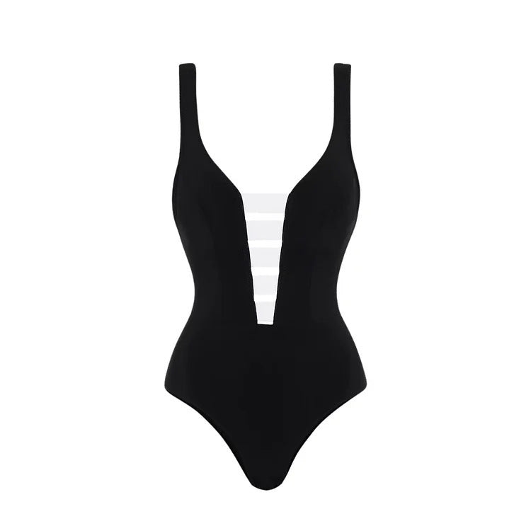 V-neck Black And White Stitching Simple One-piece Swimsuit Suit Women