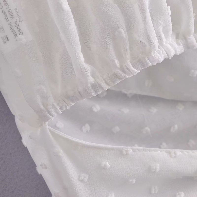 Summer Women Slash Neck Flocking Chiffon Short Blouse Smock Female Long Sleeve Shirt