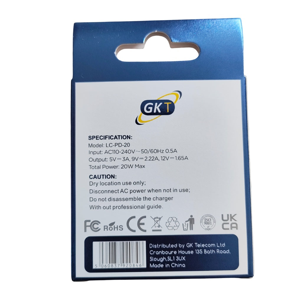 GK Telecom Type-C PD 20W Fast Charger Power Adapter Mains UK Plug