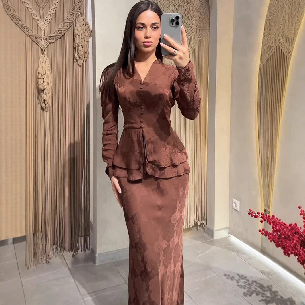 Elegant Retro Long Sleeve Top Slim Fit Long Dress Dress