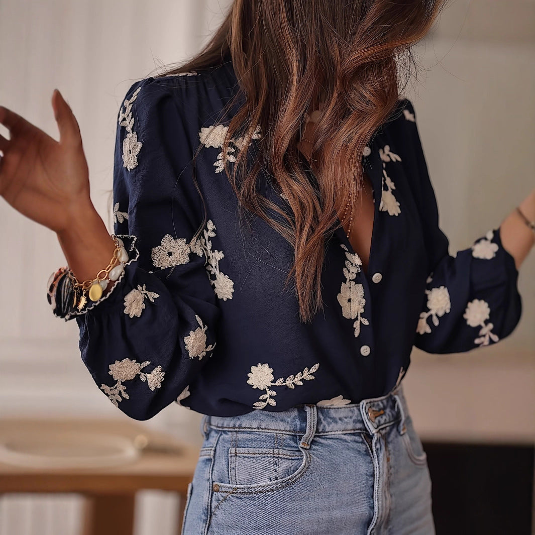Women's Long-sleeved Western-style Chiffon Blouse With Embroidery